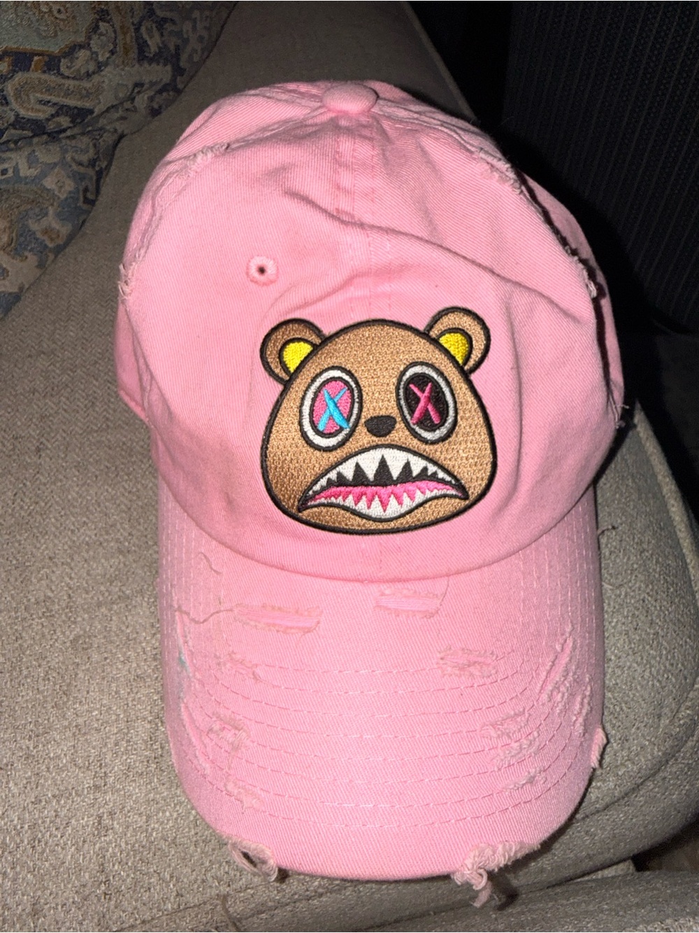 Pink Distressed Bear Graphic Dad Hat Adjustable Strapback Cap